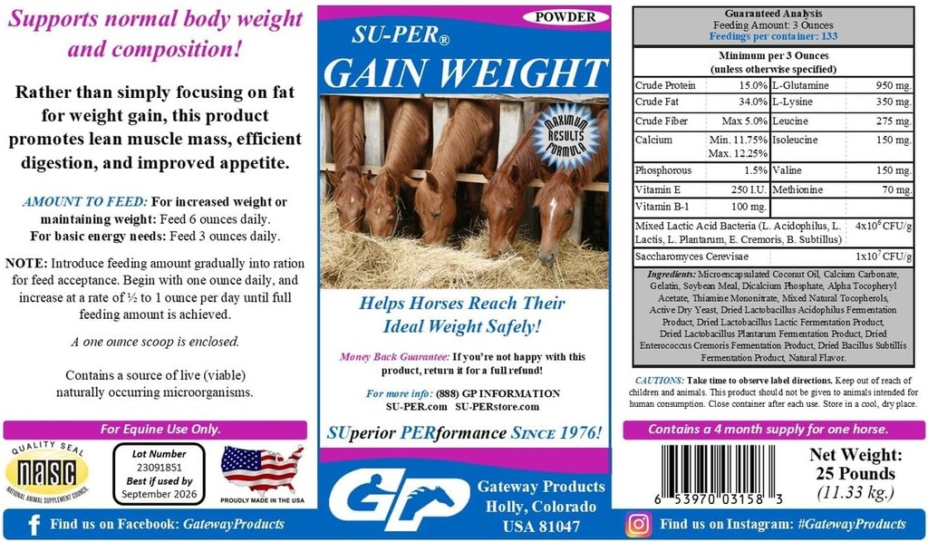 SU-PER Gain Weight for Horses - Equine Supplement Weight Gainer for Horses - Promotes Lean Muscle Mass, Digestion &amp; Appetite - 25 Pound, 4 Month Supply