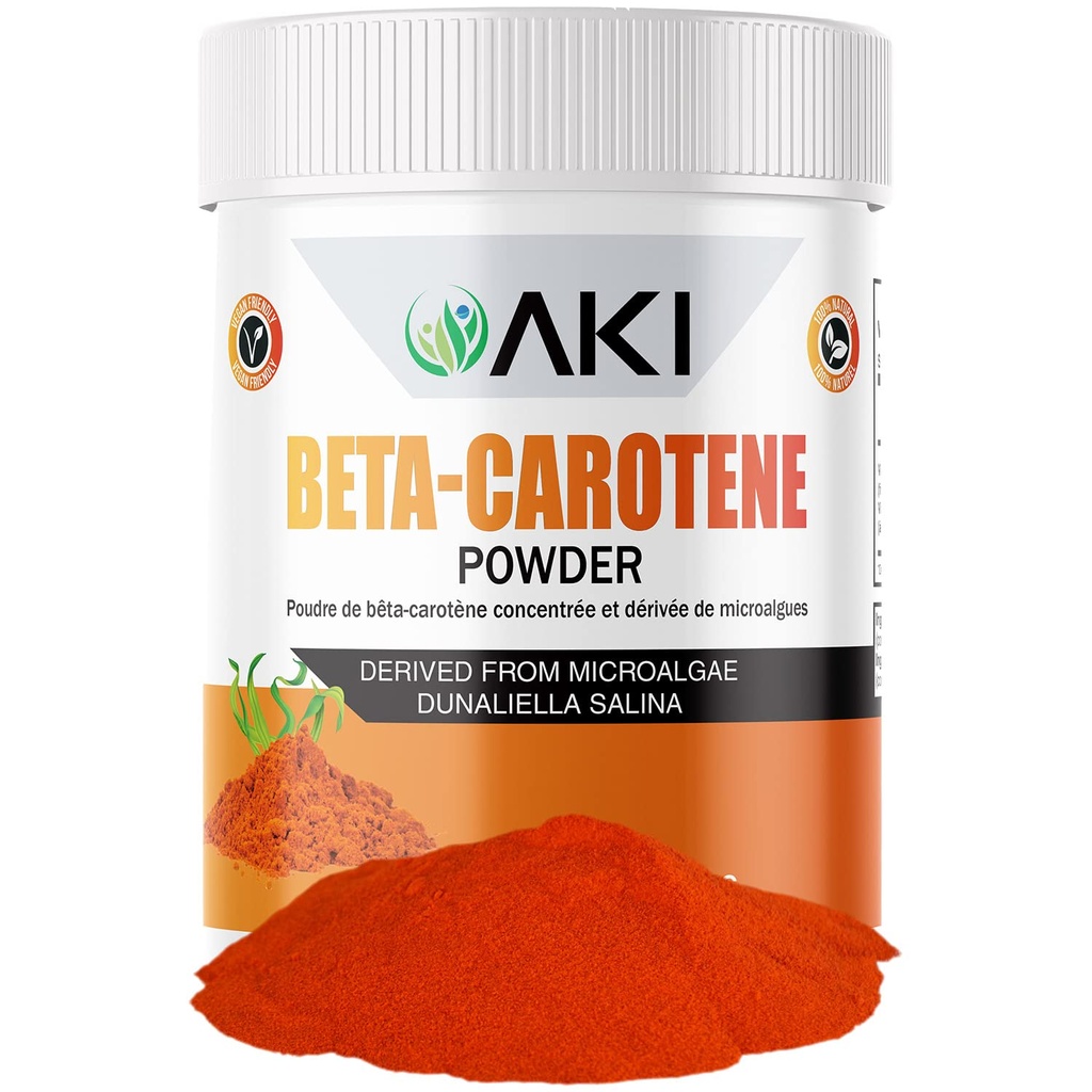 AKI Beta Caroteno 10% Powder (1.5oz/42.52g) Fount de sabor altamente concentrado de vitamina A, mayo ayuda a apoyar funciones corporales, habilidad, sistema inmunitario y ojo - GMO Free &amp; Vegan Friendly