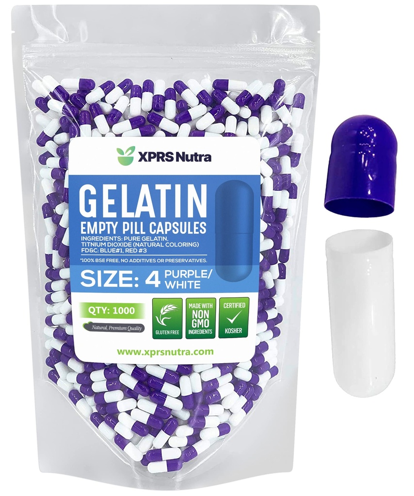 XPRS Nutra Size 4 Empty Capsules - 100 Cuentas Pequeños Empty Gelatin Capsules - Pills DIY Capsule Filling - Fillable Pure Bovine Pill Gel Caps for Do-It-Yourself Suplementos (Purple/White)