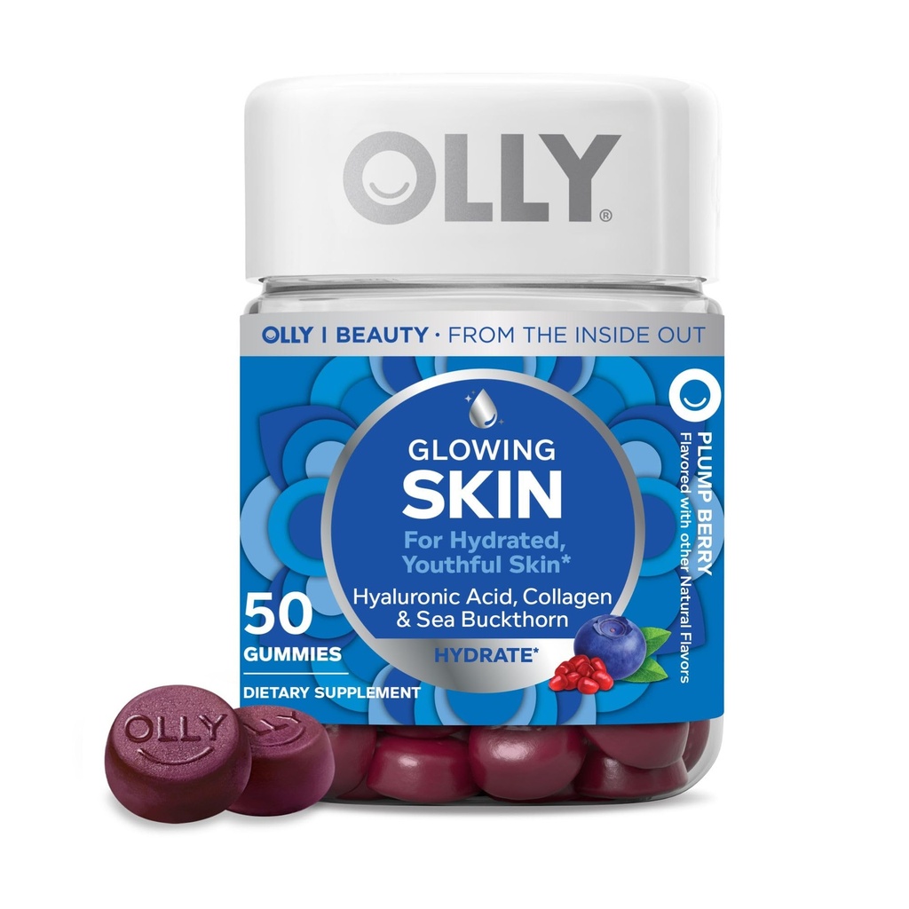 OLLY Glowing Skin Gummy, Hydrated " Youthful Skin,* Acid hialurónico, Peptides de Collagen, Buckthorn de mar, Plump Berry Flavor, 25 Day Supply - 50 Count