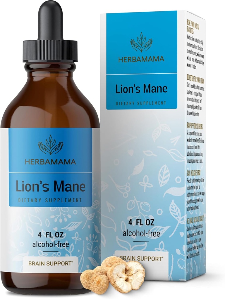HERBAMAMA Mane Tincture de León - Mane Mushroom Liquid Extract for Brain Support - Hericium Erinaceus Brain Focus Drops for Adults - Non-GMO, Alcohol & Sugar-Free Supplement, 84-Day Supply