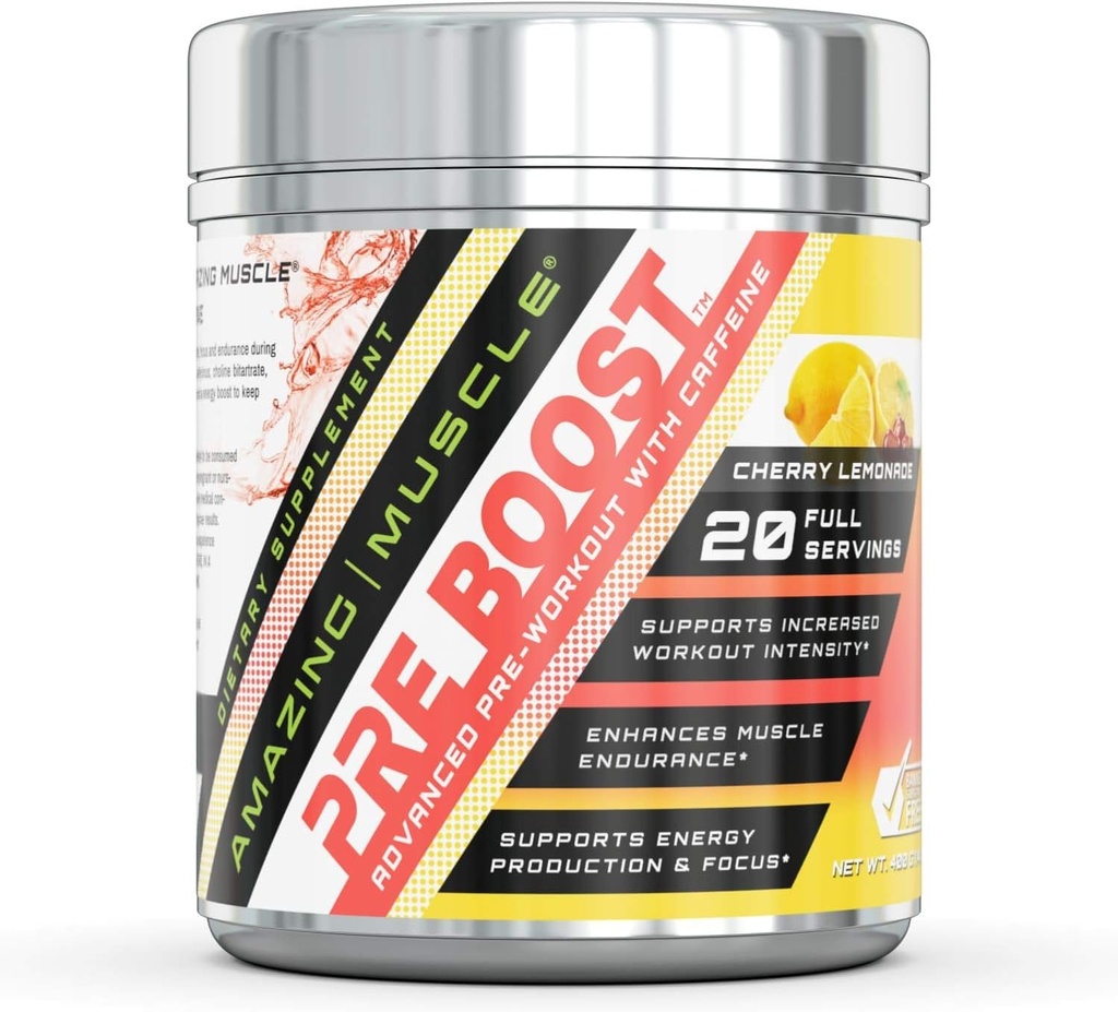 Amazing Muscle Pre-Boost Pre Workout Fórmula con Caffeine TEN 422 G Per Container TEN 20 Servings ← Cherry Lemonade Flavor