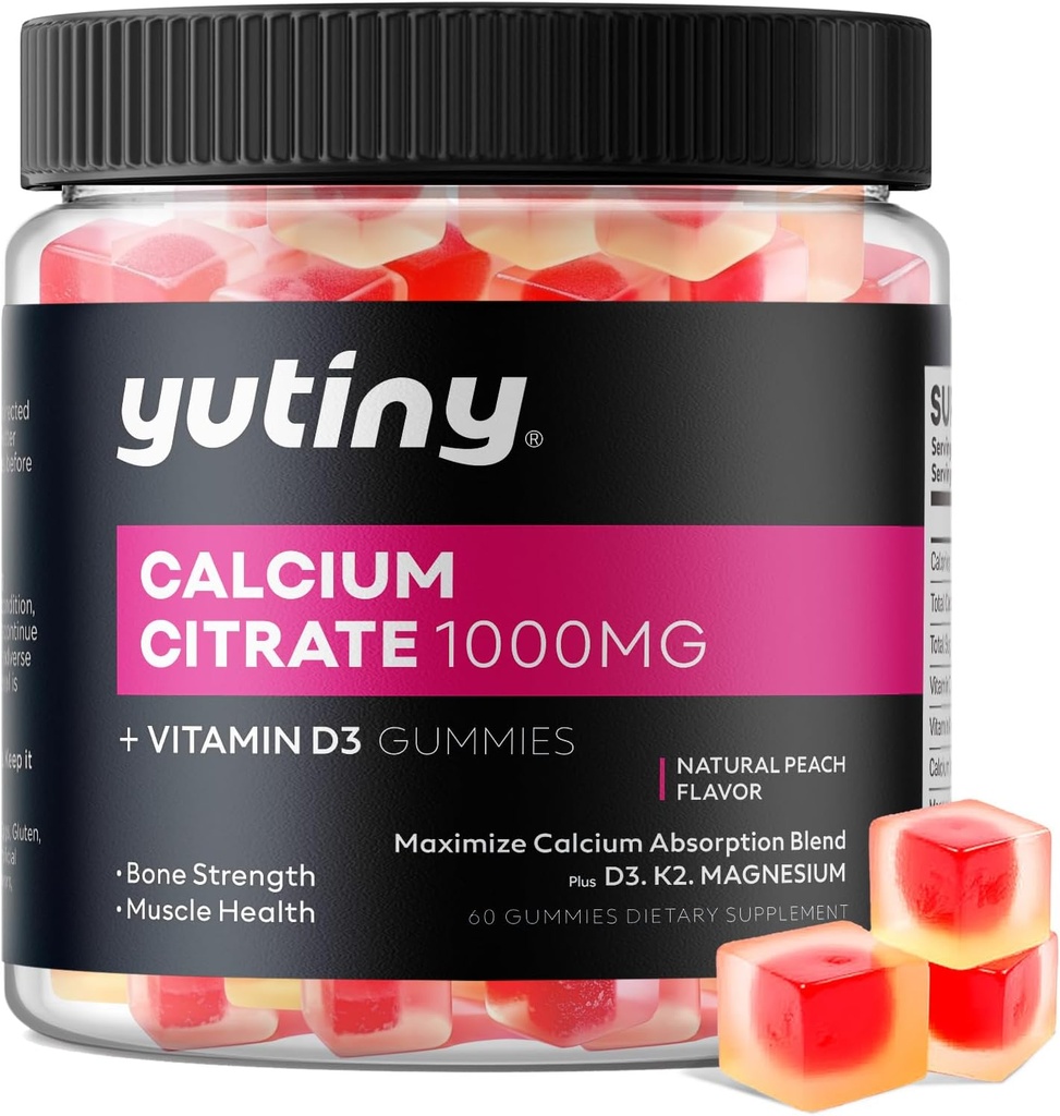 Calcio Citrato Gummies rellenos, Absorción extra Calcio Citrato de 1000 mg con vitamina D3, K2 & Magnesio, Suplemento Chewable para Hueso, Salud muscular, 60 Cuenta