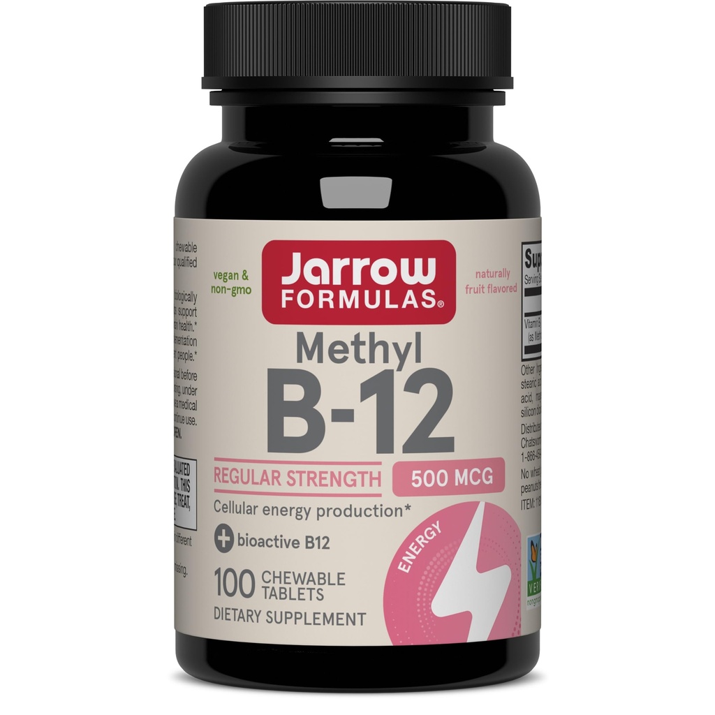 Jarrow Formulas® Methyl B-12 Tablets, 500 mg, Suplemento dietético para la producción de energía celular y el apoyo a la salud cerebral, 100 Cherry Flavor Chewable Tablets, 100 Day Supply