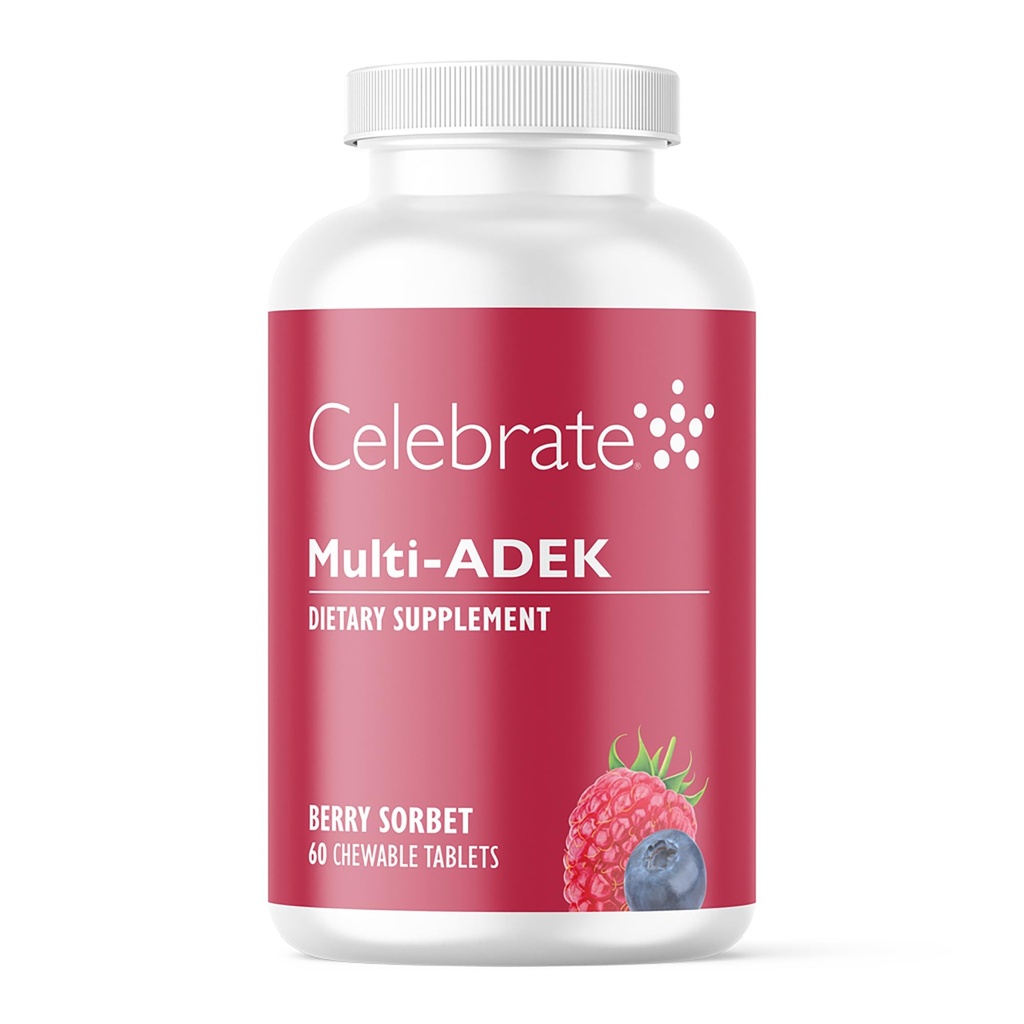 Celebrar Vitaminas Multi ADEK Chewables, Hierro Libre - Multivitaminas Bariatric diarias, Alto Nivel de Vitaminas A, D, E, K &amp; B12 para Cirugía de Interruptor Duodenal Pacientes - Berry Sorbert (60 Tablets)