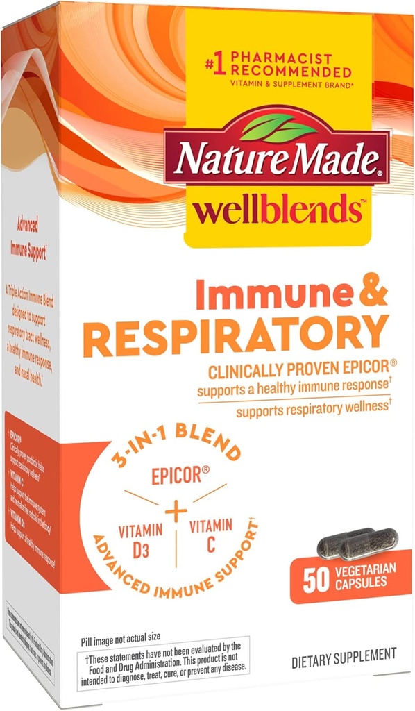 Nature Made Wellblends Immune &amp; Respiratory, EpiCor Postbiótico, Vitamina C, Vitamina D3, Advanced Immune Support Supplement, 50 Vegetarian Capsules