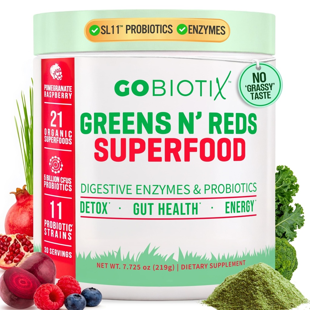 GOBIOTIX Super Verdes y Rojos Polvo - Superalimentos Rojos y Verdes - Suplemento Probiótico - Enzimas Digestivos y Polvo de Hoja - Suplemento dietético Orgánica Total de Alimentos (Pom Raspberry, 1 Pack)
