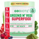 GOBIOTIX Super Verdes y Rojos Polvo - Superalimentos Rojos y Verdes - Suplemento Probiótico - Enzimas Digestivos y Polvo de Hoja - Suplemento dietético Orgánica Total de Alimentos (Pom Raspberry, 1 Pack)