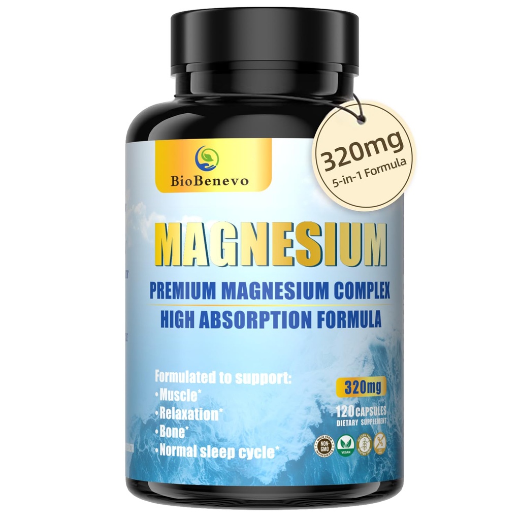 Complejo de Magnesio 5-en-1 Silencioso 320mg de Magnesium Glycinate, Malate, Citrate... Silencioso para el sueño, relajación muscular, y metabolismo de energía TEN High Absorption ANTE Vegan, Non-GMO Silencio 120 Capsules