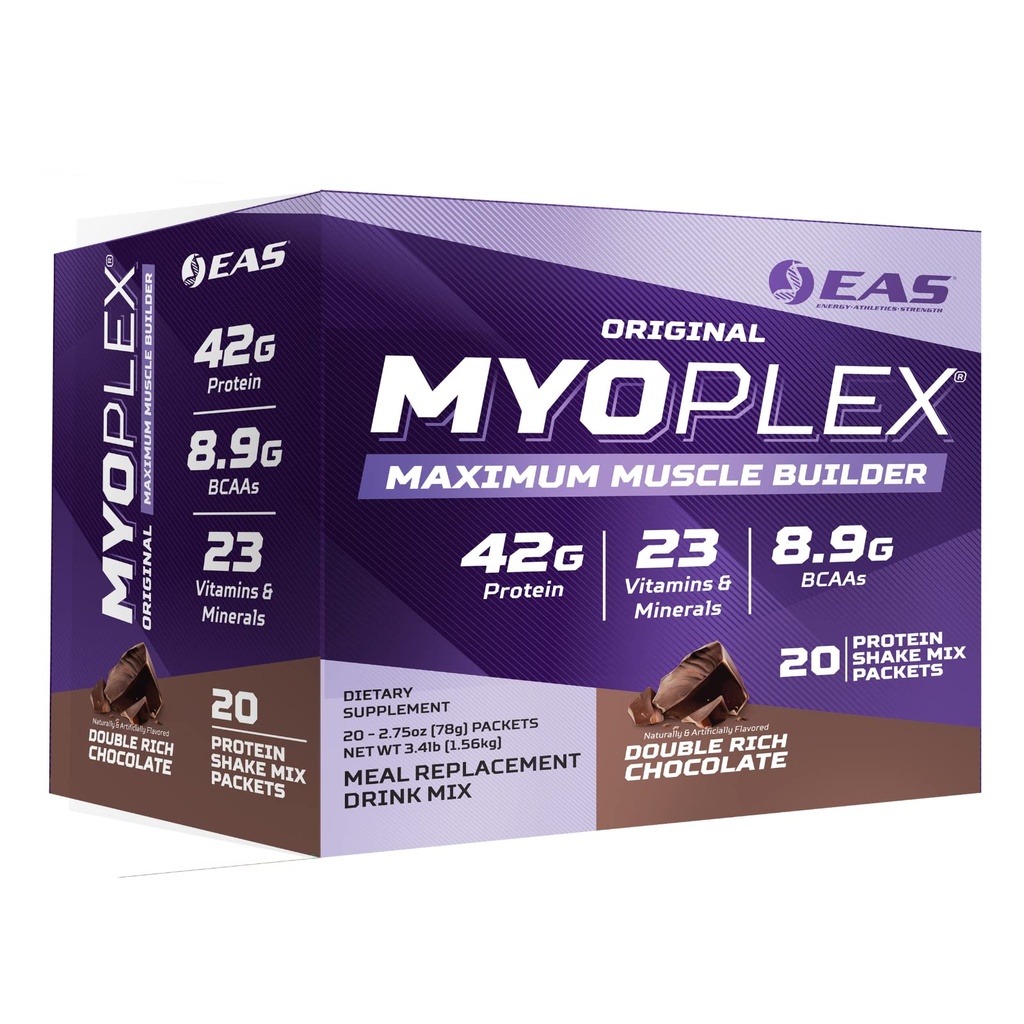 Experimental &amp; Applied Sciences EAS Original Myoplex Maximum Muscle Builder ← Meal Reemplazo Protein Drink Mix ← Calidad Protein Blend ← 42g Protein ← 20 Packets individuales (Double Rich Chocolate)