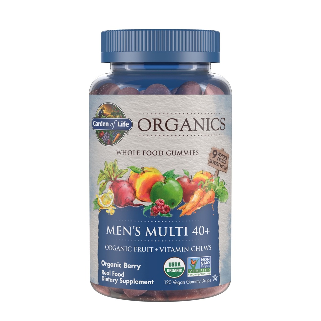 Garden of Life Organics Men 40+ Gummy Vitamins - Berry - Certified Organic, Non-GMO, Vegan, Kosher Complete Multi - Methyl B12, C & D3 - Gluten, Soy &amp; Dairy Gratis, 120 Real Fruit Gummies