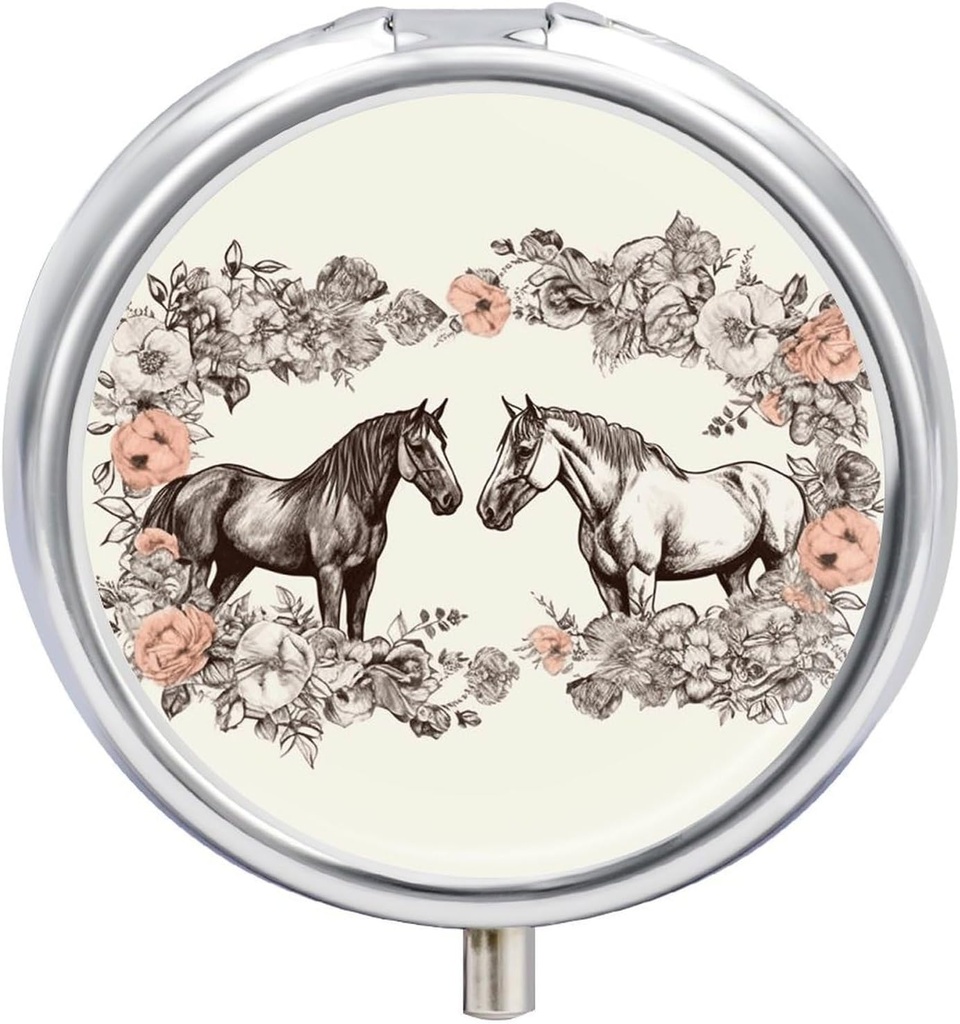 Caja de Píldora de Metal redondo,Flowers y Caballos dibujados a mano Organizador de Píldora de Píldoras Portátiles Caja de Píldora Pequeña para Propósito y Bolsillo para Robar Vitaminas, Medicamentos y Suplementos