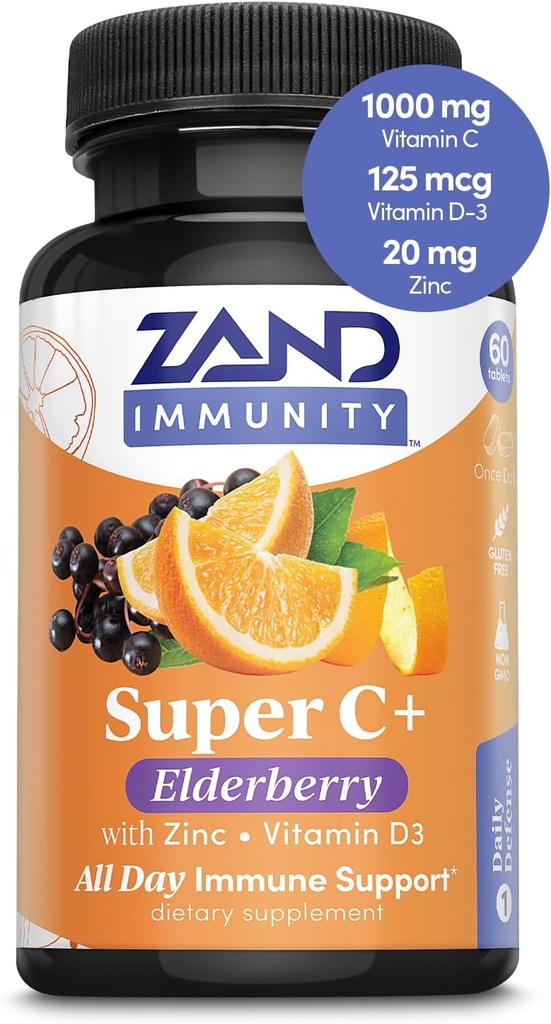 Zand Immunity Super C+ con Elderberry, All Day Immune Support, 1000mg PureWay-C Vitamina C Plus Zinc & Vitamina D-3, Ausorción mejorada, 60 Tabletas, 30 Servimientos