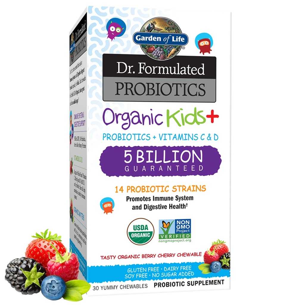 Garden of Life Kids Probiotics, Dr. Formulated Probiotics Organic Kids+ Vitamina C &amp; D, Berry Cherry, Gluten Dairy &amp; Soy Free Immune &amp; Digestive Health Supplement, 30 Chewables