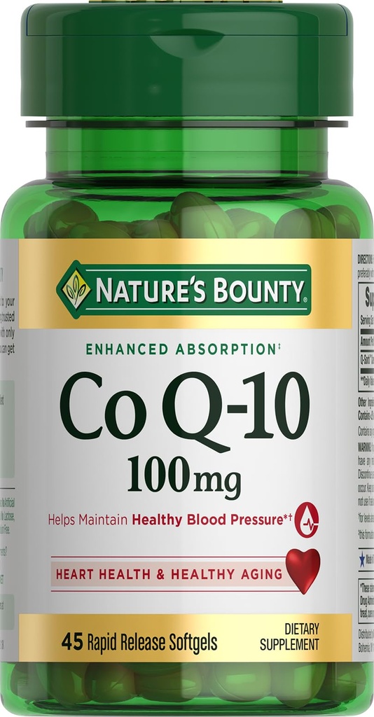 Bounty CoQ10 100mg de la naturaleza para el apoyo a la salud cardíaca, Coenzima Q-Sorb No GMO Q-10 Apoyo antioxidante y bienestar cardiovascular, Suplemento dietético, Softgels de liberación rápida, 45 ct