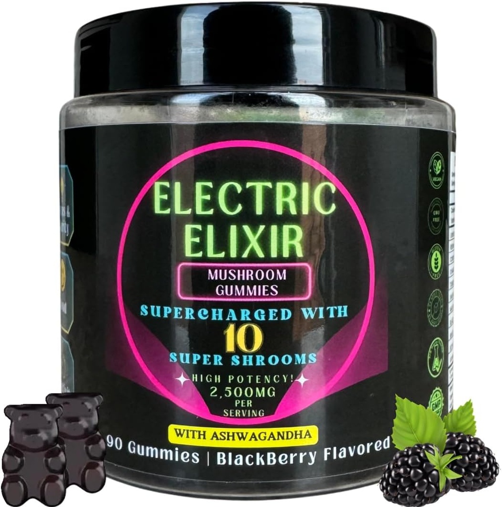 León Mane &amp; Ashwagandha Suplemento Mushroom Gummies - Orgánica, Vegan, Nootropic, GlutenFree - Suplemento integral para el foco cerebral, energía, humedad - 10 Mushroom Blend 90Count BlackBerry