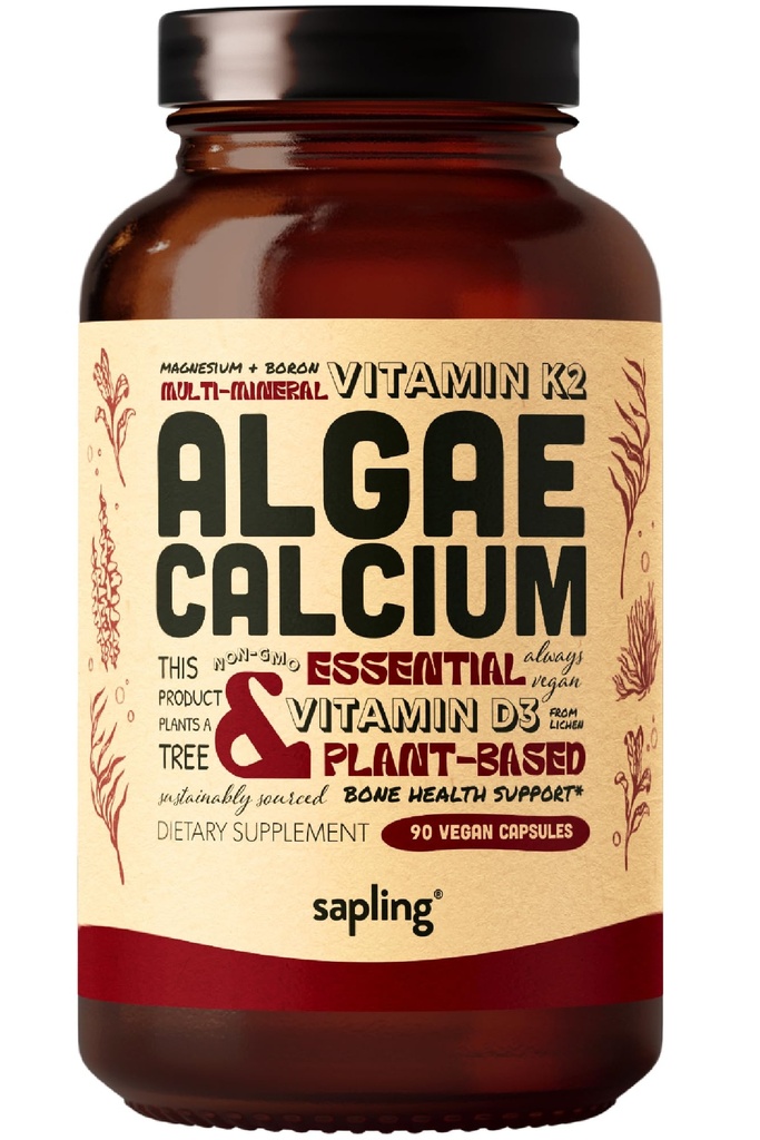 Suplemento de calcio - Alimento completo con vitamina K2 " D3, Magnesio, zinc, hierro, complejo mineral. Fuente Sosteniblemente de Alga Roja. para Fuerza de Bone y Apoyo. Non-GMO & Vegan 90 cápsulas.