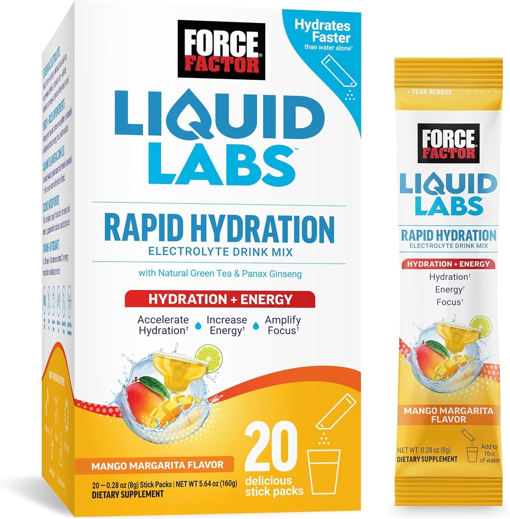 Factor de fuerza Laboratorios líquidos Electrolitos Empaquetaduras de polvo —Mango Margarita—Energía Paquetes de hidratación para hacer agua de electrolito con 5 electrolitos esenciales, vitaminas, minerales y antioxidantes, 20 paquetes de palo