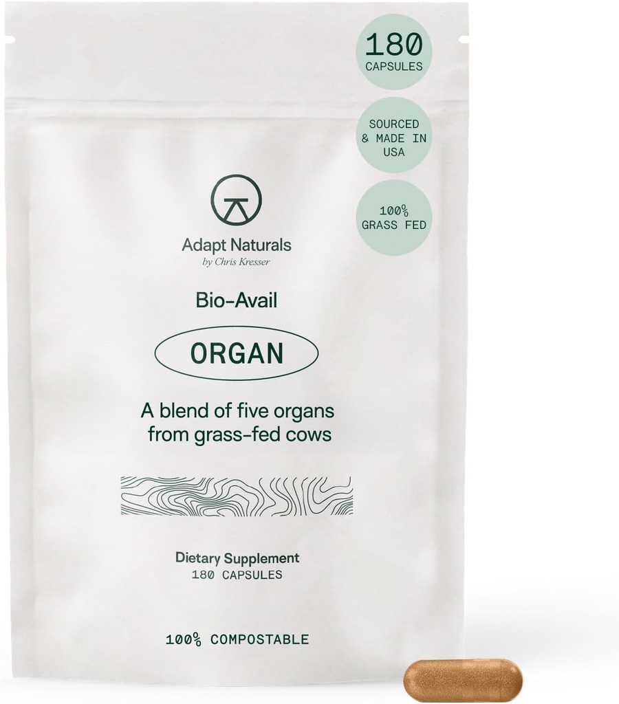 Adapt Naturals Organ Supplement, Bioavailable Grass Fed Beef Liver Capsules, Blend of Liver, Heart, Kidney, Pancreas " Spleen, Support Liver Cleanse Detox " Repair  durable Source of CoQ10-30 Days Supply