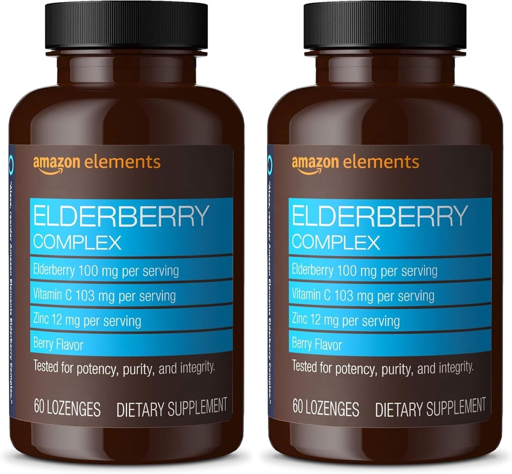 Amazon Elementos Elderberry Complex Berry Flavored Immune System Support Lozenges, Adulto, 60 Cuenta, (Packaging May Vary) (Pack of 2)