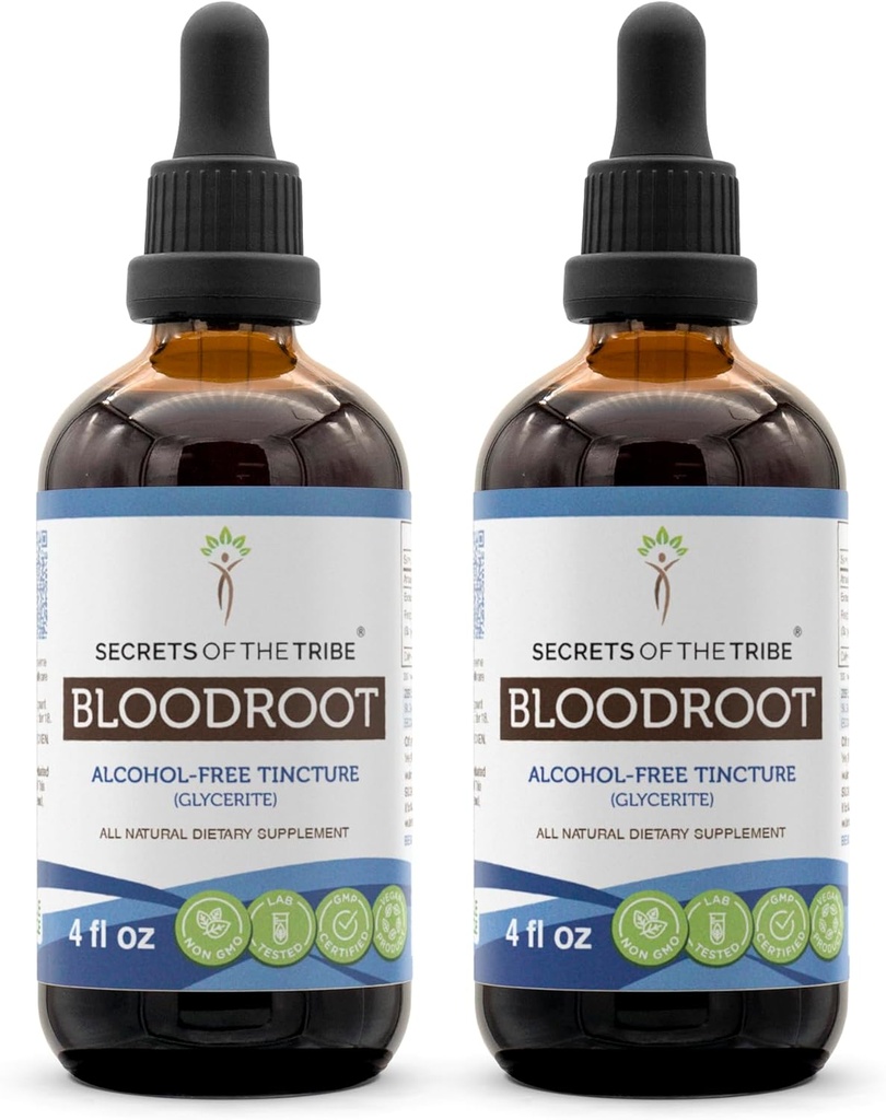 Secretos del Extracto de Tintura Libre de Alcohol Tribo, Sangre cultivada responsablemente (Sanguinaria Canadensis) Root seco (2x4 fl oz)
