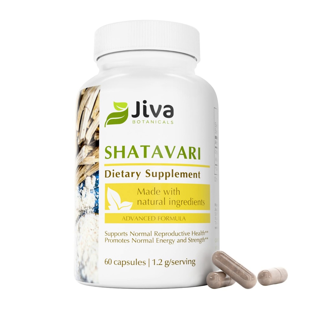 Jiva Botanicals Shatavari Capsules for Women – 1.200mg Organic Shatavari Powder for Hormonal Balance, Women’s Reproductive Health & Menopause Support – Non-GMO, Vegan, Gluten-Free – 60 cápsulas