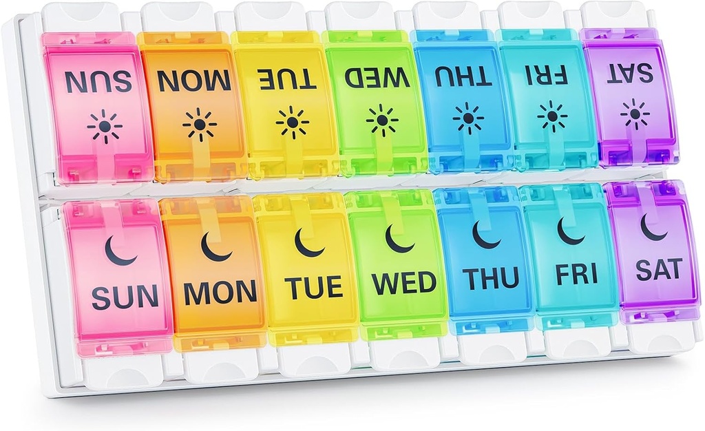 BUG HULL Pill Organizer AM PM Artritis Friendly, BPA Free Pill Box 2 veces al día, gran contenedor de píldoras, organizador semanal de píldoras, caja de píldoras 7 día para la vitamina, suplementos