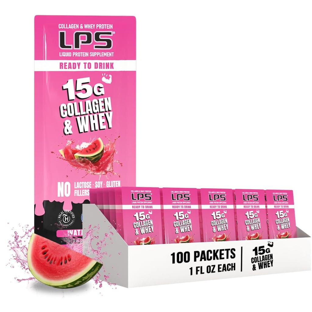 Diseños Nutricionales LPS Liquio Collagen &amp; Whey Protein Suplemento - Bebida no GMO, libre de azúcar - promueve la piel sana y el pelo para hombres &amp; mujeres, sandía, una sola servidumbre (100 paquetes)
