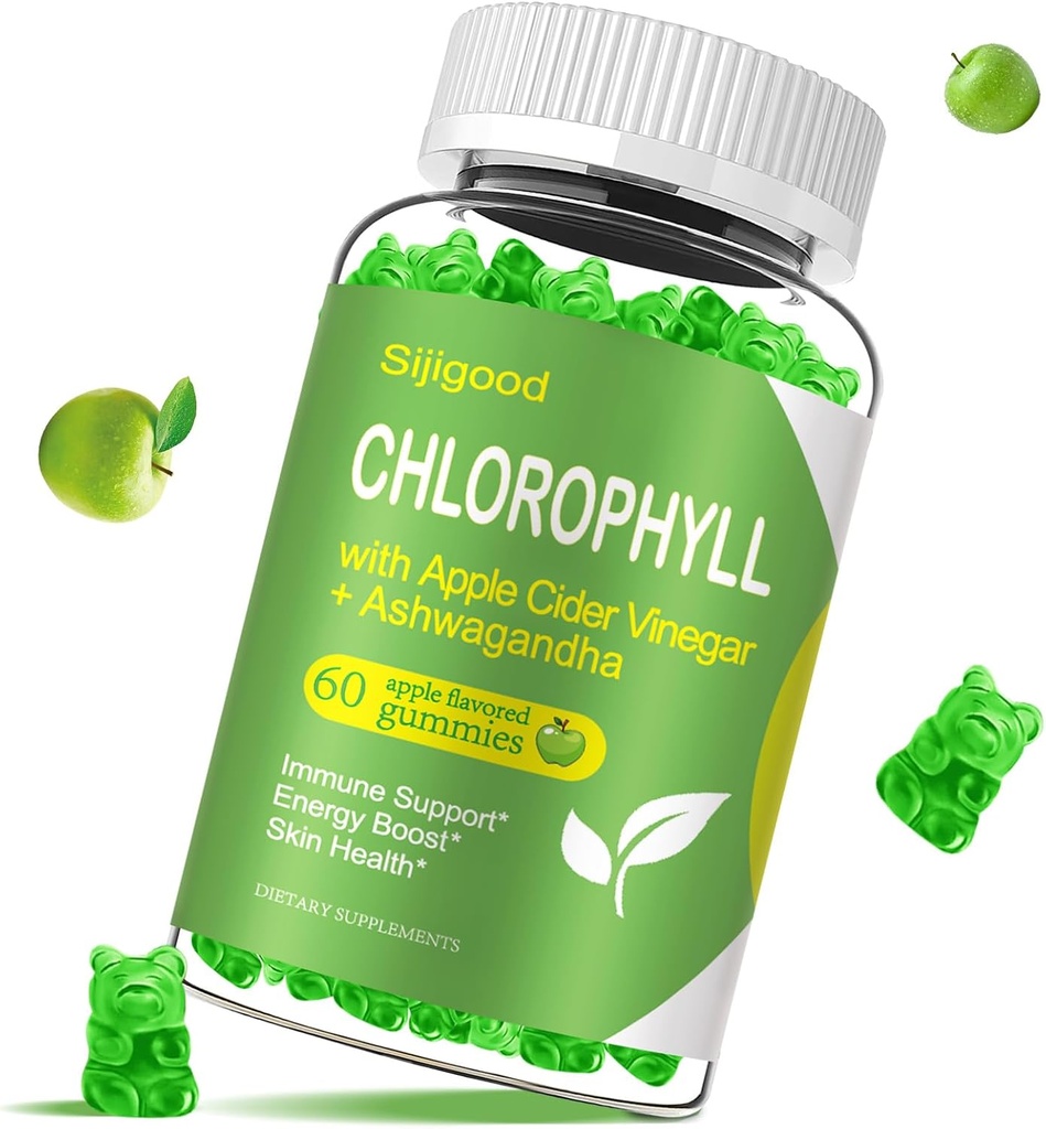 Chlorophyll Gummies with Black Seed Oil, Moringa, Probiotic for Body Odor, Digestion, Skin, Hair, and Immunity Support - Adultos Kids Women Men, 60 Apple Flavored Gummies