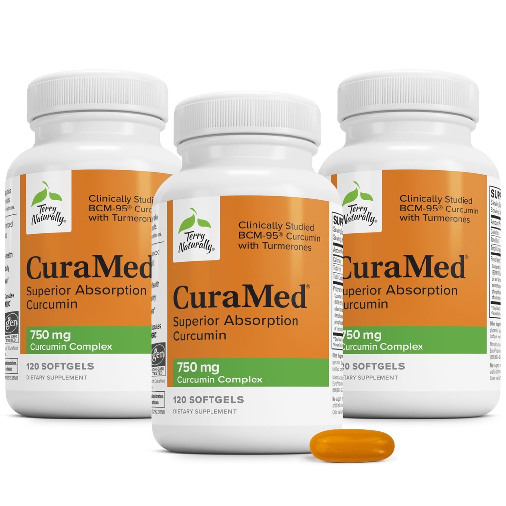 Terry Naturally CuraMed 750 mg Curcumin Complex - 120 Softgels, Pack of 3 - Superior Absorption BCM-95 - Non-GMO, Gluten Free, Halal - 360 Total Servings