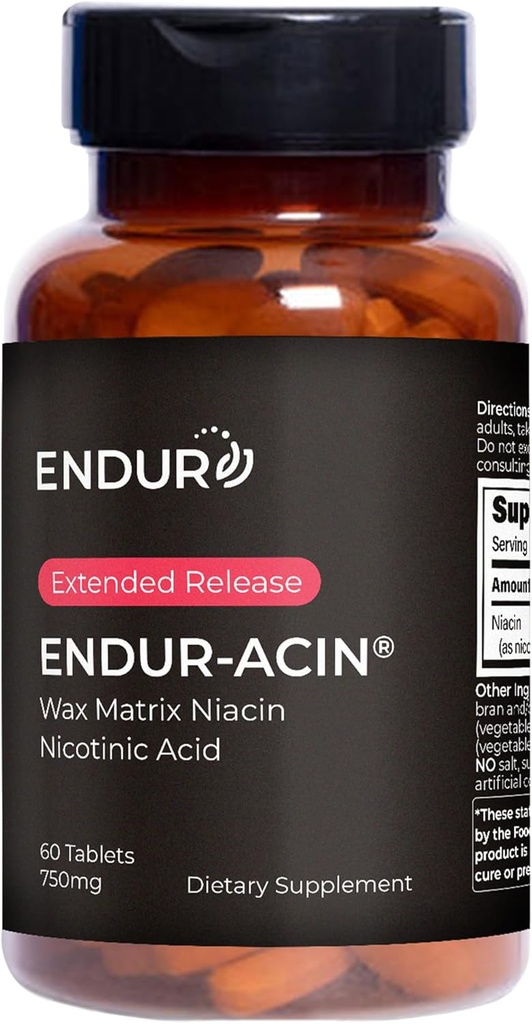 ENDUR-ACIN, Niacina de liberación extendida para la absorción óptima & Flush Niacina libre, Vitamina Premium B3 Niacina Suplementos, 750 mg, 60 Tabletas