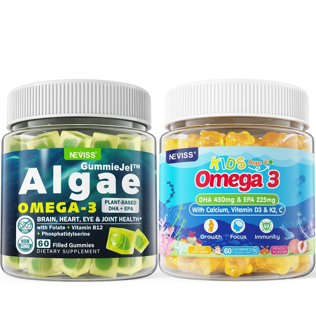 Vegan Omega 3 Gummies 1 Pack + Azúcar Omega 3 Gummies para niños 2 Pack