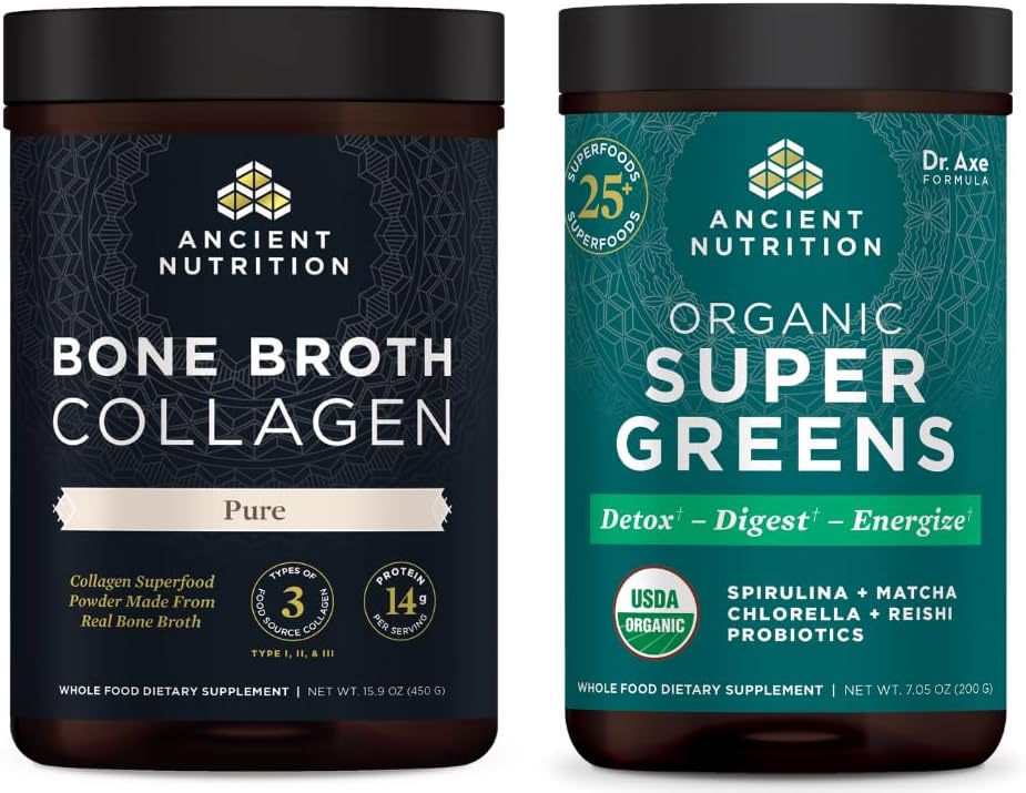 Antiguo Bono Nutricional Broth Collagen Powder, Puro, 30 Servings + Orgánica Supergreens Polvo, Greens Flavor, 25 Servings
