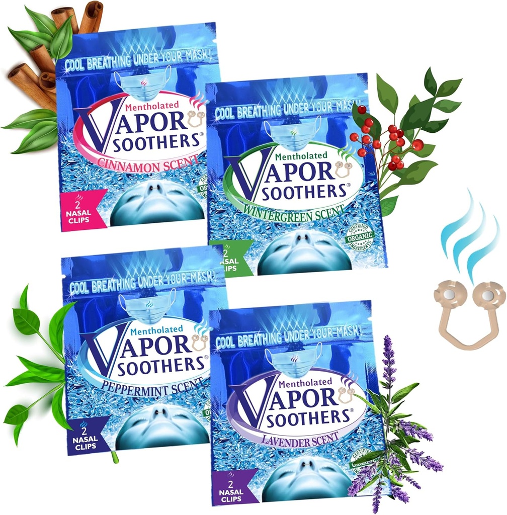 Nasal Dilator Clips, Cool & Easy Breathing Under Your Mask, 4-Scent Variety Pack (Peppermint, Wintergreen, Cinnamon, Lavender), 8 Conde, Instant Nasal Congestion Relief, Drug-Free