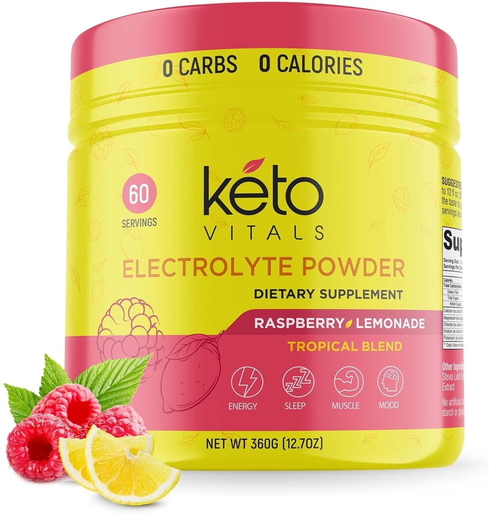 Keto Vitals Electrolytes Polvo - Azucar libre Keto Electrolitos Polvo con Potasio, Magnesio, Sodio, " Calcio - No Sugar Electrolyte Drink Mix " Hydration Powder, 60 Servings, Raspberry Lemonade