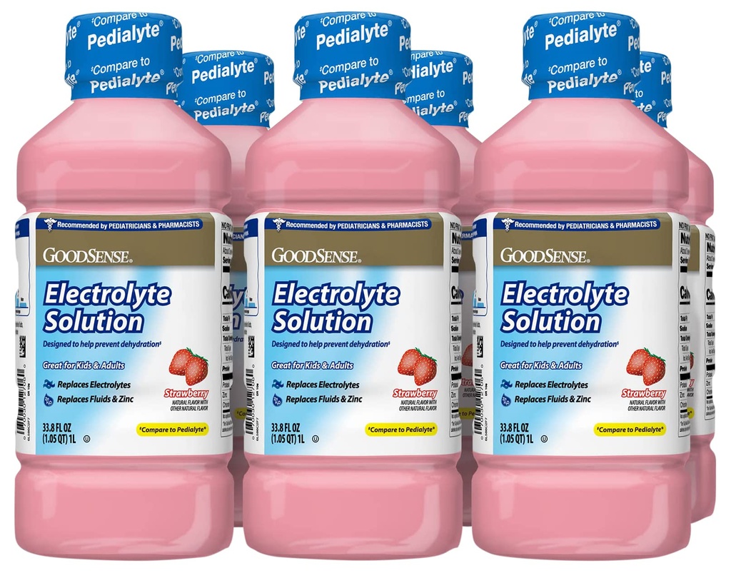 Solución de electrolitos de fresa GoodSense, reemplaza electrolitos, líquidos " , adultos " , 33,8 onzas fluidas (Pack of 6)