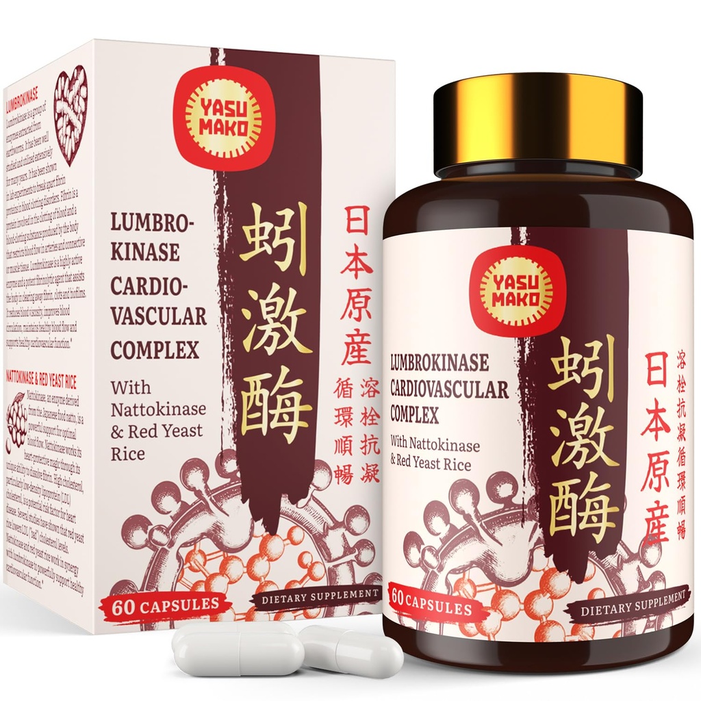 Lumbrokinase 100mg (Actividad Max 1,000,000 LKU),Nattokinase 100mg-2,000 FU de Actividad y Rice de Levadura Roja 300mg, Potente Lumbrokinase Enzymes Suplemento para Circulatorio,Cognición,60 Capsules(Pack of 1)