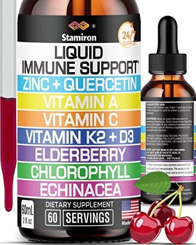 Zinc Quercetin Vitamina C D3 Liquid Immune Support with Vitamin A K2 Echinacea Chlorophyll and Elderberry - 9in1 Immune Defense Drops Complex for Immunity Health Respiratory Health - 60 Servings