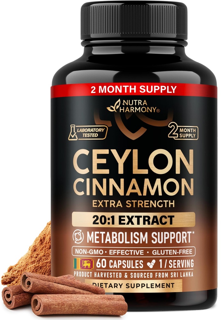 Ceylon Cinnamon Capsules - Extra Strength - Energy Heart & Metabolism Support for Men &amp; Women - Puro Natural Cinnamon 20:1 Suplemento Extracto - GMO &amp; Gluten Free - Made in USA - 60 cápsulas 2 Mes