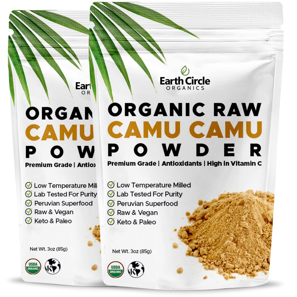 Círculo de la Tierra Orgánica Camu Camu Powder – Orgánica de Berry con Antioxidantes de Vitamina C Natural – Vegan, Kosher, Superalimentos no GMO para la Inmunidad y Energía – 3oz (Pack of 2)