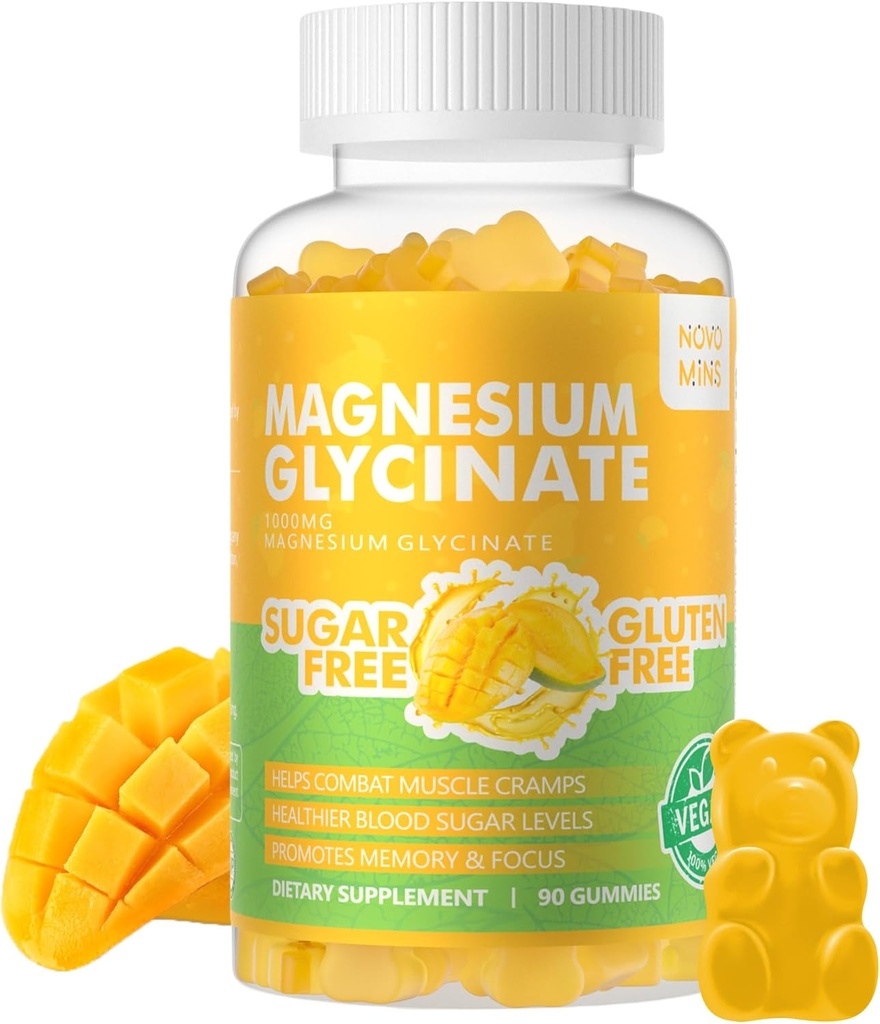 90 TC Magnesio Glycinate Gummies 1000mg - Suplemento de Potasio de Magnesio Libre de Azúcar con Vitamina D, B6, CoQ10 para calma Mood & Sleep Support - 90 Mango Piña Gummies