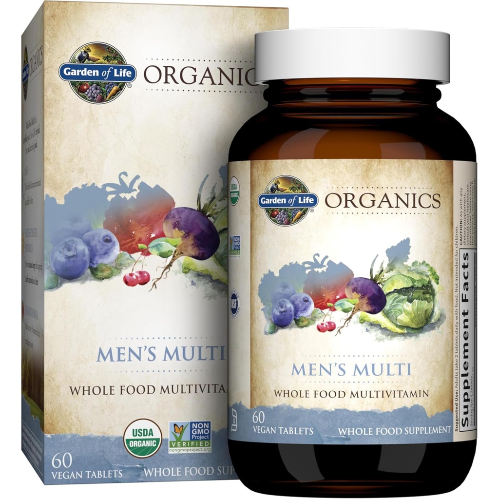 Jardín de Vida Orgánicas Alimento completo Multivitamínico para Hombres, 60 Tabletas, Vegan Mens Vitaminas y Minerales para la Salud y el Bienestar, Certificado Orgánico Vegan Multi