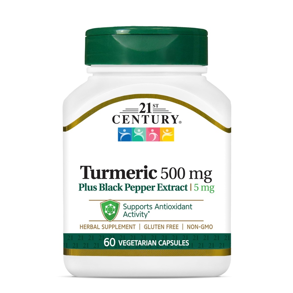 21st Century Turmeric 500 mg Plus Black Pepper Extract Vegetarian Capsules, 60 Conde