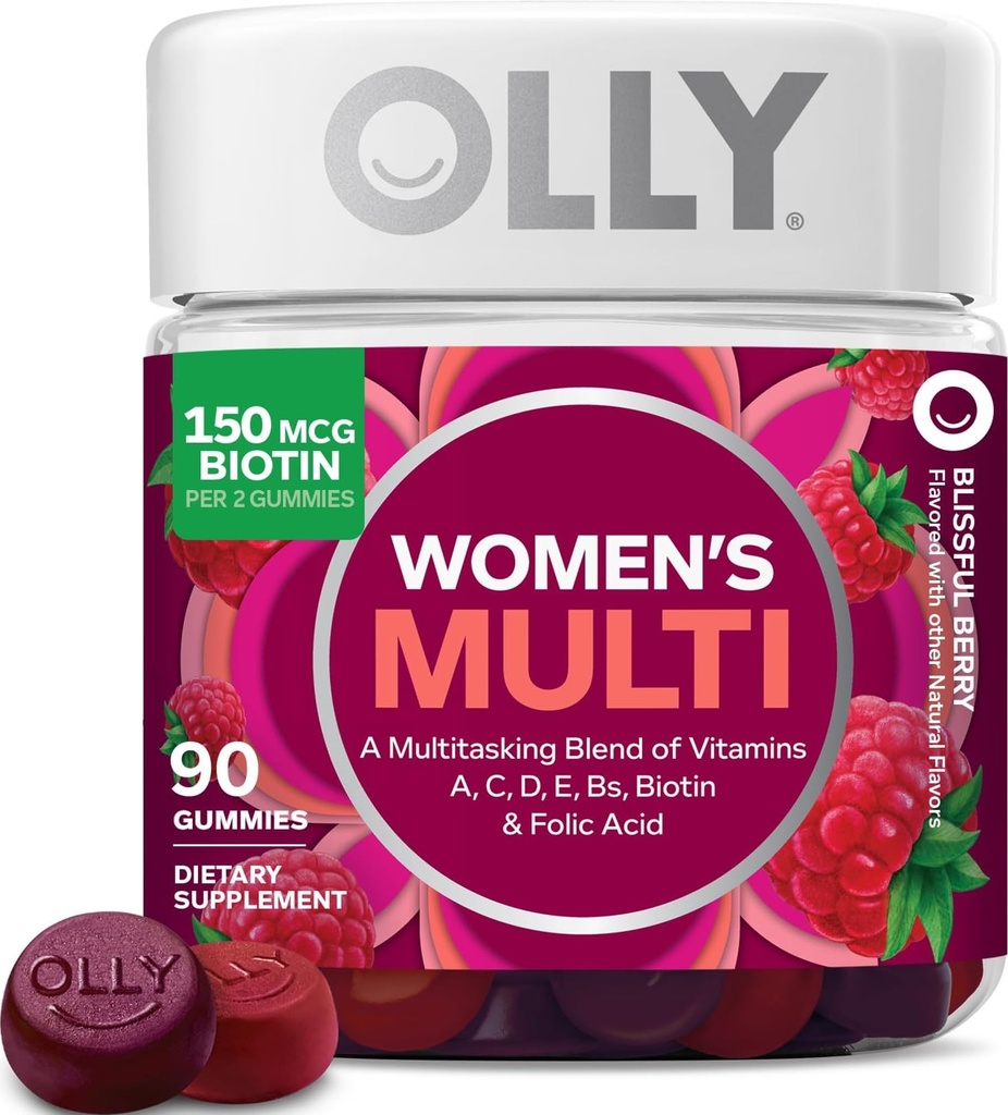 OLLY Gummy multivitamina de las mujeres, vitaminas A, D, C, E, Biotina, Ácido fólico, Vitamina Chewable de Adulto, Sabor de Berry, fuente de 45 días - 90 Cuenta