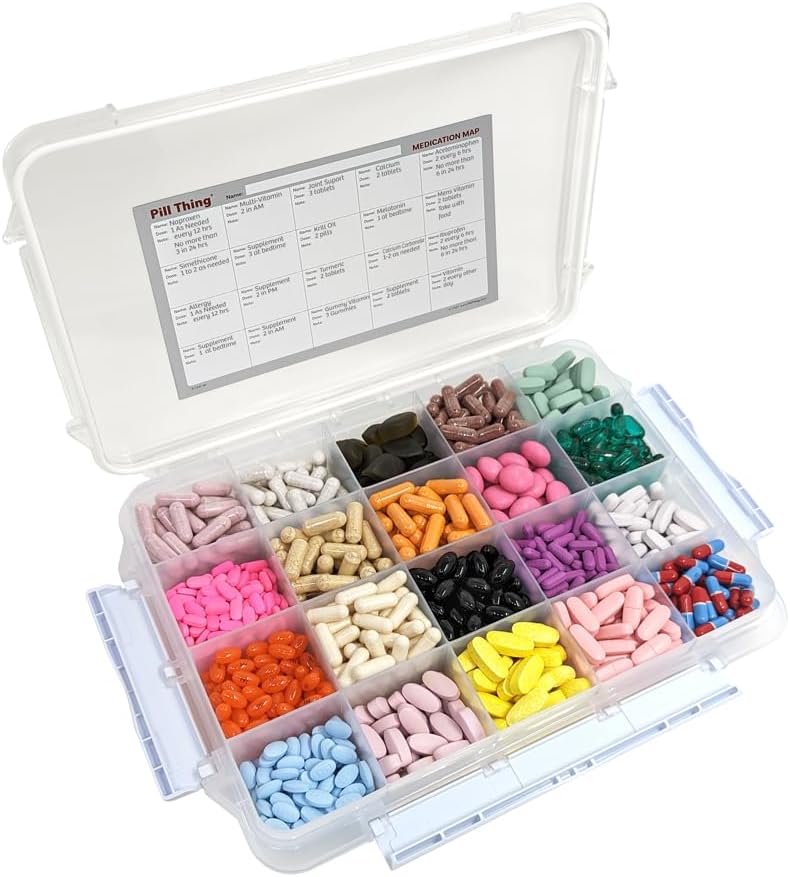 20 Compartimiento Funda de gran pill con sello Airtight - Caja de med impermeable de gas de silicona con mapa de medicamentos (20 Compartimiento, 1 Pack)