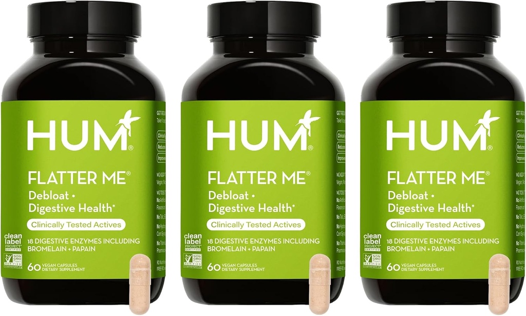 HUM Flatter Me Digestive Enzymes for Women ' Men, Digestive Health Bloating Suplemento con Ginger & Peppermint Leaf, Fast Acting Anti Bloat Pills Multi Enzyme for Debloating, Vegan,180 cápsulas