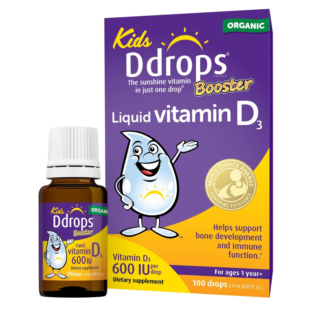 Ddrops Kids Booster 600IU 100 gotas - Daily Liquid Vitamin D for Kids. Support Strong Bones & Immune System in Children. Sin conservantes, sin azúcar, sin GMO, Alergía-Amigo
