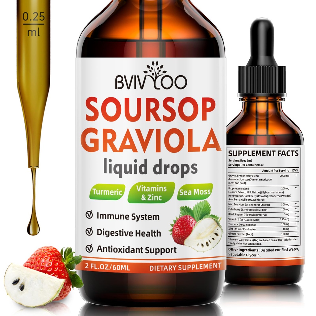 Soursop Graviola Liquid Drops for Cell Support &amp; Regeneration, Immune Boost, Relax, Liver and Sleep, Soursop Bitters Liquid, Sugar/Gluten Free, Natural Strawberries Flavor - 2 Fl Oz (60ml) Botella