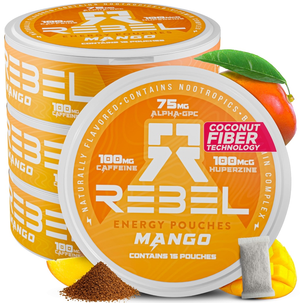 Pouches de cafeína de energía nootrópica • 100 mg de cafeína • Alfa GPC • Huperzina A " Vitaminas esenciales • Sin azúcar • Tecnología de fibra de coco • Sabor de mango • 15 bolsas por can (Pack of 4)