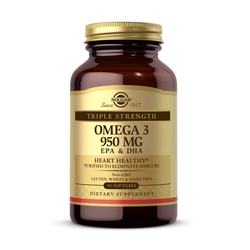 Solgar Triple Strength Omega 3 950 mg - 50 Softgels - Apoya la salud conjunta de la piel - No GMO, Gluten Gratis, Dairy Gratis - 50 Servimientos